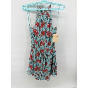 Bebop Floral Halter Romper Light Blue Red Women's Size Medium